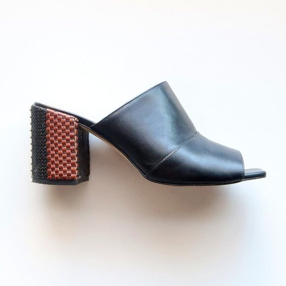 Nine West Janel Black Leather Square Toe Woven Block Heel Mules / Slip On Shoes - Picture 8 of 16